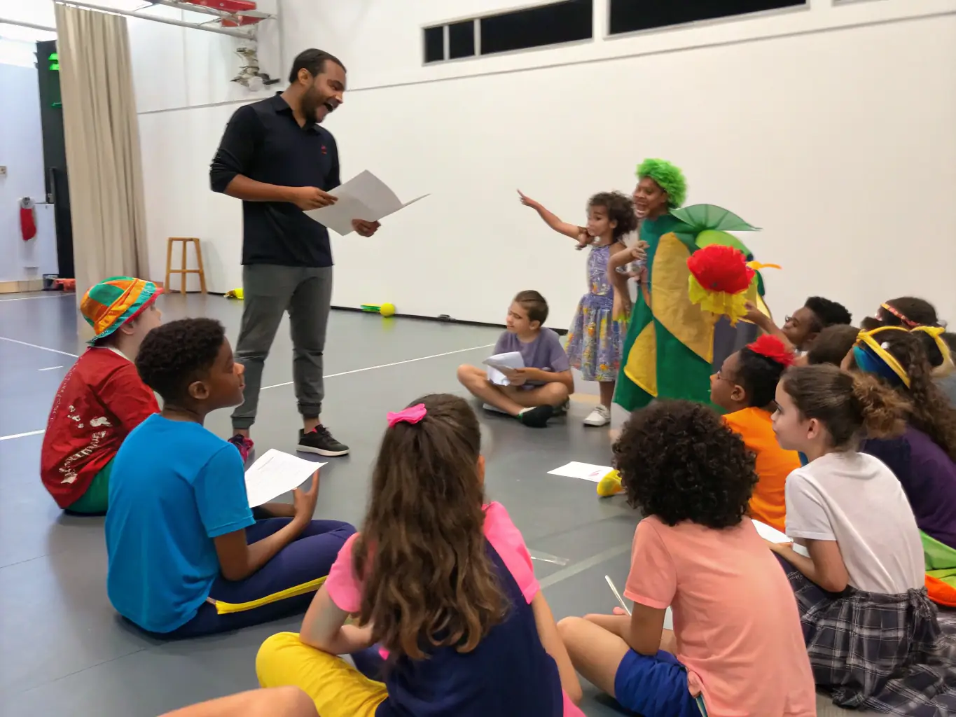 A captivating image of a children's theatre workshop in progress, with kids actively participating and expressing their creativity through art and drama.