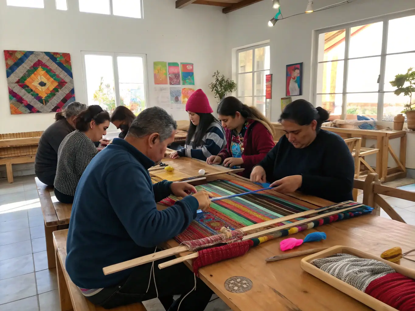 A group of participants actively engaged in a cultural workshop, learning traditional Breton crafts and skills, fostering community participation and cultural preservation.
