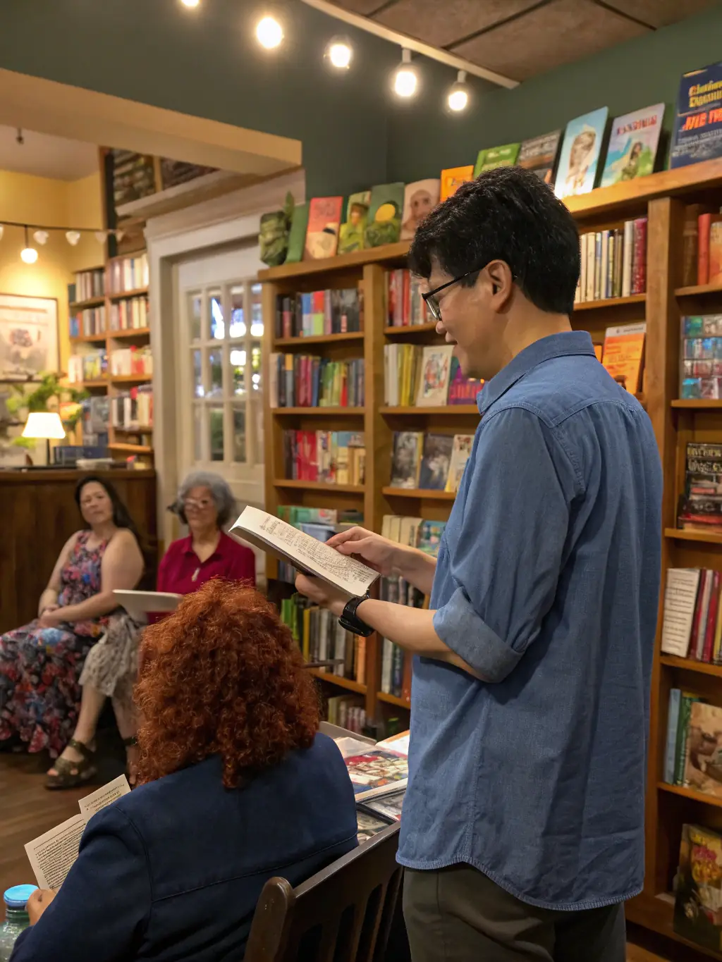 A captivating photograph of a literary event hosted by THEATRE LE BALANCELLE, featuring a renowned Breton author giving a reading to an attentive audience in a historic setting.