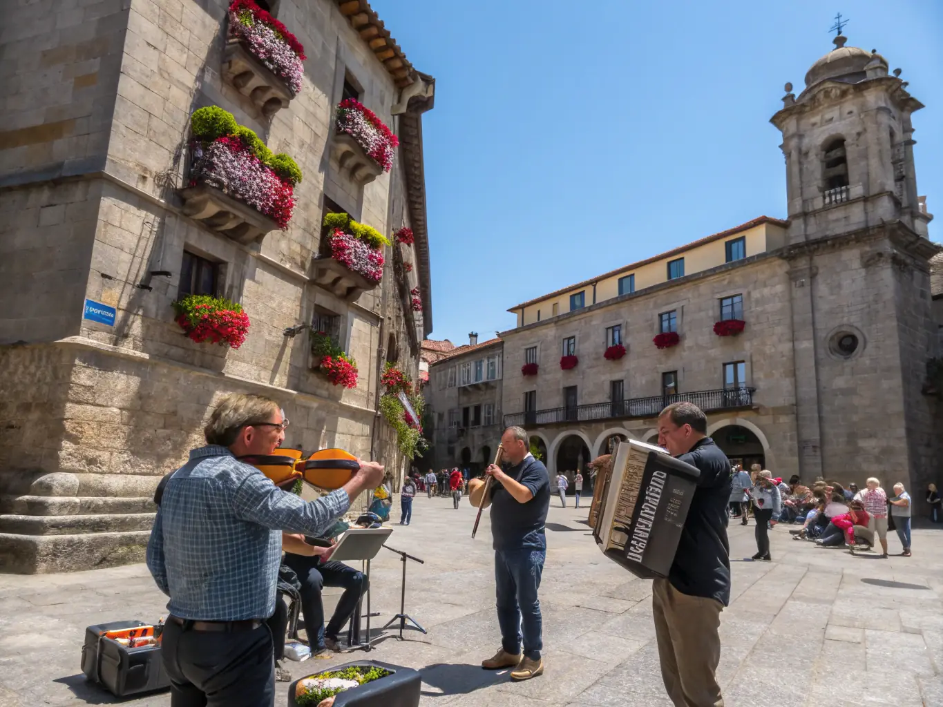 A photograph showcasing a live musical performance featuring traditional Breton instruments and musicians, capturing the essence of local heritage.