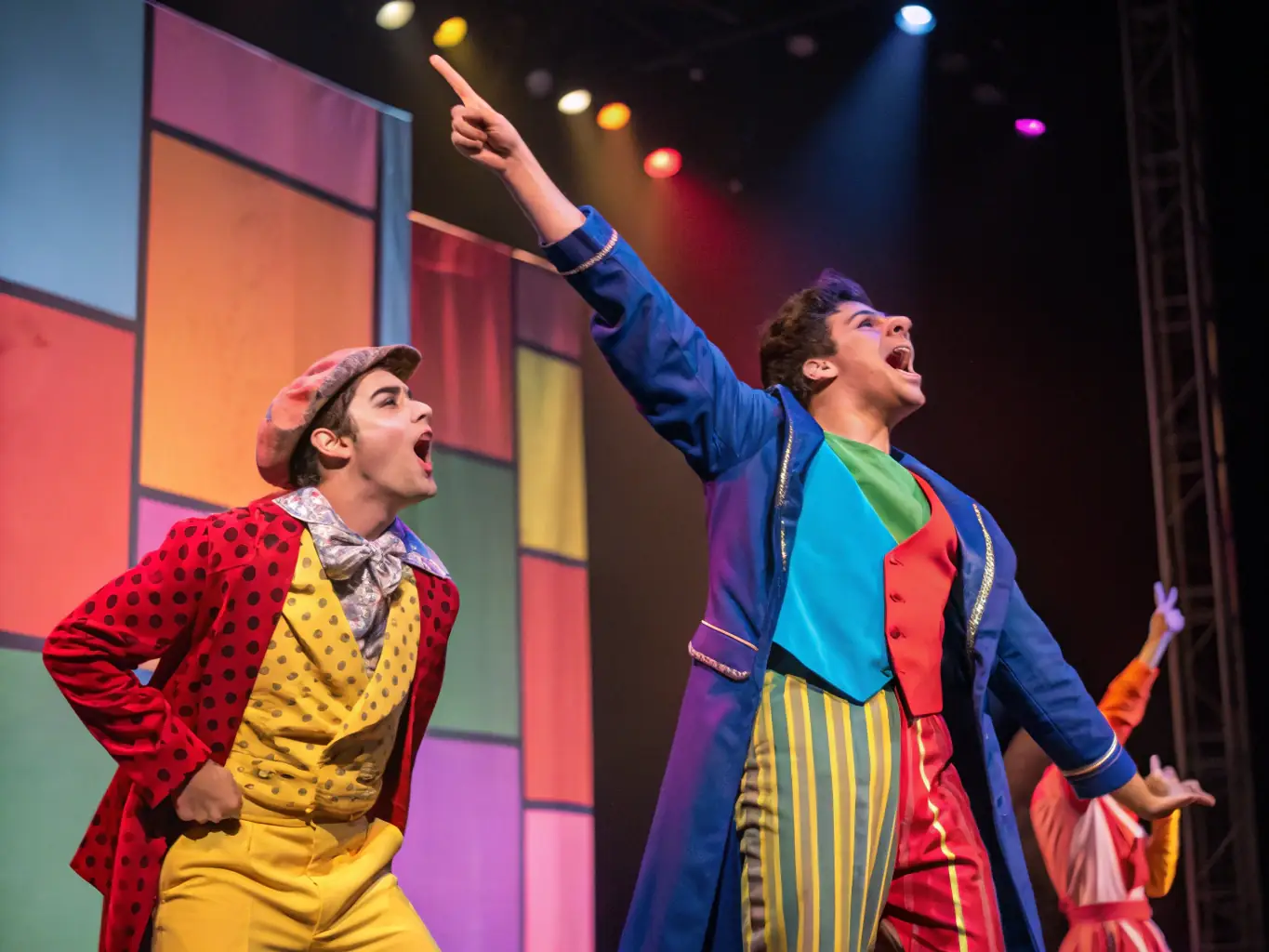 A vibrant stage scene with actors performing a traditional Breton play, showcasing the cultural heritage and artistic talent supported by THEATRE LE BALANCELLE.