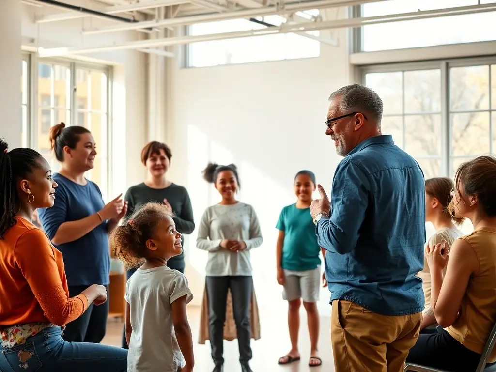 A photograph capturing a diverse group of community members participating in a theatre workshop, showcasing the inclusive and engaging nature of THEATRE LE BALANCELLE's programs.