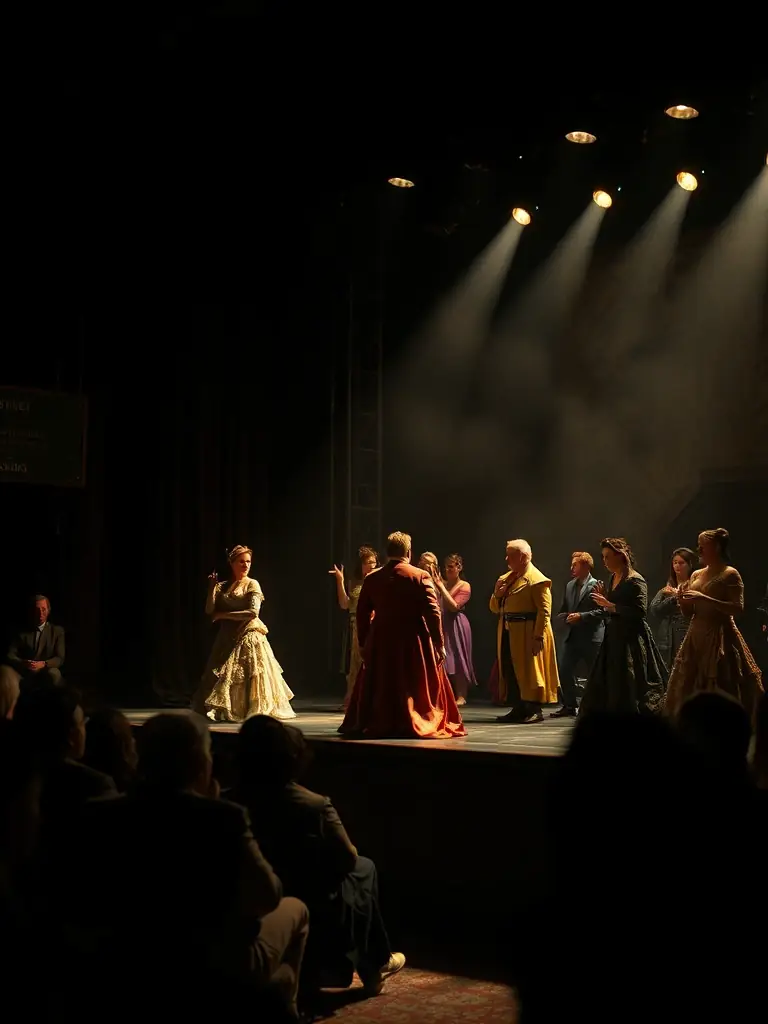 A vibrant photograph capturing a scene from a recent theatrical performance by THEATRE LE BALANCELLE, showcasing actors in colorful costumes on stage, with an engaged audience in the background.