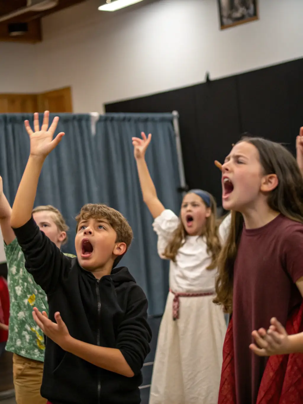 A vibrant image depicting a children's theatre workshop in progress, with kids actively participating in a drama exercise, set against the backdrop of a traditional Breton building.