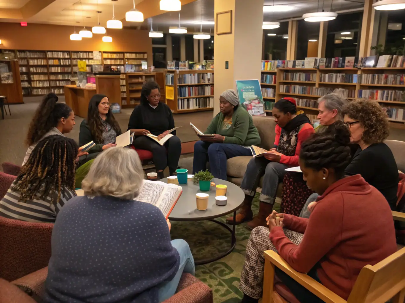 An image depicting a community literary event, with people of all ages gathered to listen to a reading or participate in a book discussion.